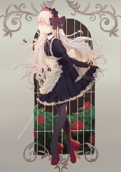 Anime picture 2079x2953 with fate (series) fate/grand order fate/extra nursery rhyme (fate/extra) ajahweea single long hair tall image fringe highres blonde hair standing full body braid (braids) eyes closed profile grey background maid twin braids floating hair
