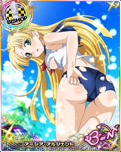 Anime picture 640x800 with highschool dxd asia argento single long hair tall image looking at viewer blush open mouth light erotic blonde hair green eyes ass torn clothes card (medium) girl sailor suit buruma