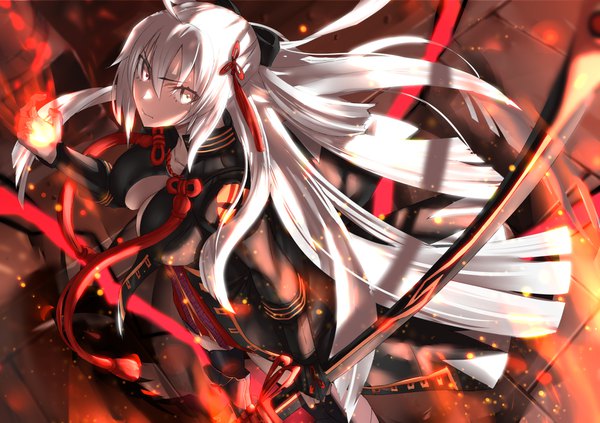 Anime picture 1700x1200 with fate (series) fate/grand order okita souji (fate) (all) okita souji alter (fate) tsuuhan single long hair looking at viewer fringe breasts hair between eyes standing holding ahoge white hair from above half updo white eyes girl thighhighs