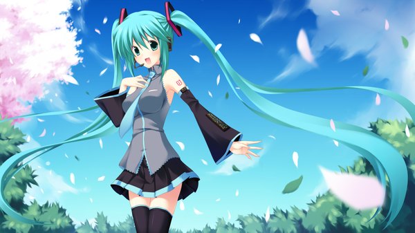 Anime picture 1601x901 with vocaloid hatsune miku any (trueblue) long hair wide image twintails green eyes very long hair green hair wind zettai ryouiki girl thighhighs skirt detached sleeves petals necktie headset
