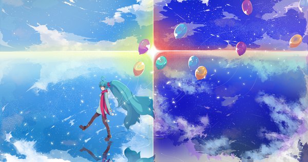 Anime picture 3000x1579 with vocaloid hatsune miku poloni84 single long hair looking at viewer highres smile wide image twintails sky cloud (clouds) full body ahoge very long hair aqua eyes aqua hair reflection walking morning