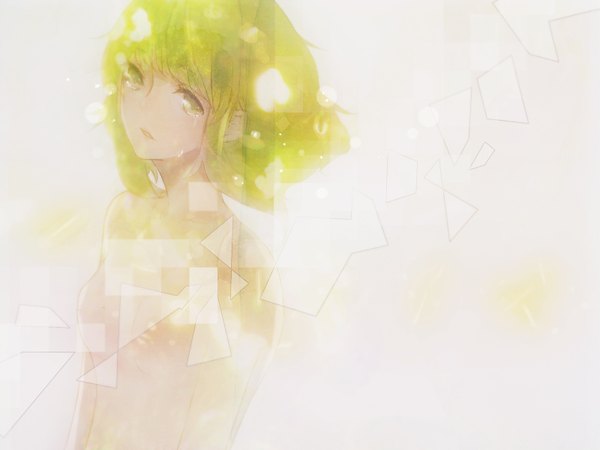 Anime picture 1600x1200 with vocaloid gumi penchop short hair light erotic green eyes green hair wallpaper tears crying girl