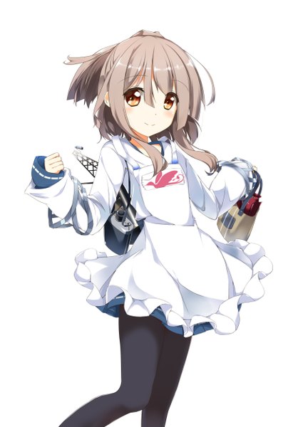 Anime picture 1770x2500 with kantai collection zuihou light aircraft carrier fuuna single tall image looking at viewer blush highres short hair simple background smile brown hair white background brown eyes spread arms girl pantyhose apron