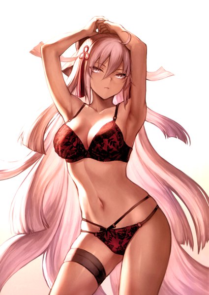 Anime picture 4931x6953 with fate (series) fate/grand order koha-ace okita souji (fate) (all) okita souji alter (fate) mashuu (neko no oyashiro) single long hair tall image looking at viewer fringe highres breasts light erotic simple background hair between eyes absurdres cleavage silver hair ahoge