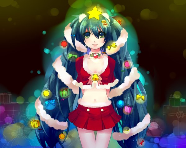 Anime picture 1280x1024 with vocaloid hatsune miku kaden (kuzek) single looking at viewer fringe smile hair between eyes twintails green eyes cleavage very long hair aqua hair midriff christmas girl hair ornament star (symbol) bell star hair ornament