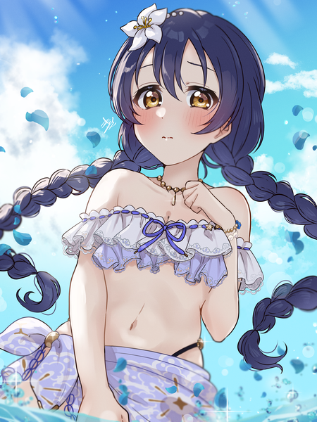Anime picture 1875x2500 with love live! school idol project sunrise (studio) love live! sonoda umi kyaku tatsu single long hair tall image looking at viewer blush fringe highres breasts light erotic hair between eyes standing brown eyes signed blue hair sky