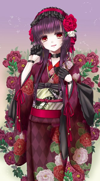 Anime picture 558x1000 with original hiroharu single long hair tall image fringe open mouth smile red eyes standing purple hair long sleeves traditional clothes japanese clothes hair flower wide sleeves girl gloves hair ornament flower (flowers)