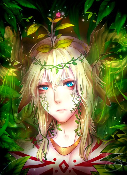 Anime picture 700x965 with original hokorippen single long hair tall image looking at viewer fringe blue eyes blonde hair hair between eyes upper body head tilt horn (horns) sparkle lens flare watermark portrait wavy hair expressionless glow