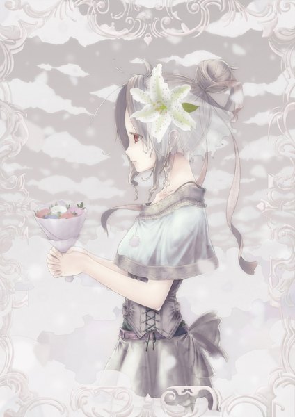 Anime picture 1500x2122 with original jatsu (pixiv) single tall image highres smile red eyes ponytail hair flower grey hair girl dress hair ornament flower (flowers) bow ribbon (ribbons) earrings bouquet