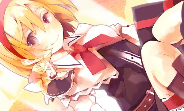 Anime picture 1175x708 with touhou alice margatroid shanghai azuma aya short hair blonde hair smile wide image sitting multiple girls looking away black eyes sunlight dutch angle girl bow 2 girls hair bow hairband book (books)