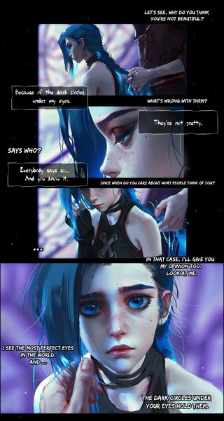 Anime picture 6400x12000 with arcane: league of legends league of legends jinx (league of legends) nixeu long hair tall image looking at viewer highres blue eyes standing blue hair absurdres profile lips realistic text solo focus multiview english head out of frame