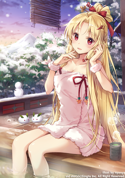 Anime picture 700x992 with sid story nyanya single long hair tall image looking at viewer blush breasts open mouth blonde hair red eyes sitting signed sky cleavage cloud (clouds) head tilt :d official art copyright name