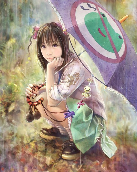 Anime picture 1200x1505 with original eat0123 long hair tall image looking at viewer fringe hair between eyes brown hair sitting purple eyes twintails full body fingernails realistic depth of field watermark rain squat chin rest girl
