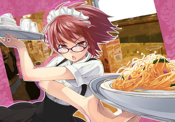 Anime picture 1000x700 with original risou (maeda risou) single looking at viewer short hair open mouth brown hair brown eyes crossed arms waitress girl glasses food headdress maid headdress tray spaghetti