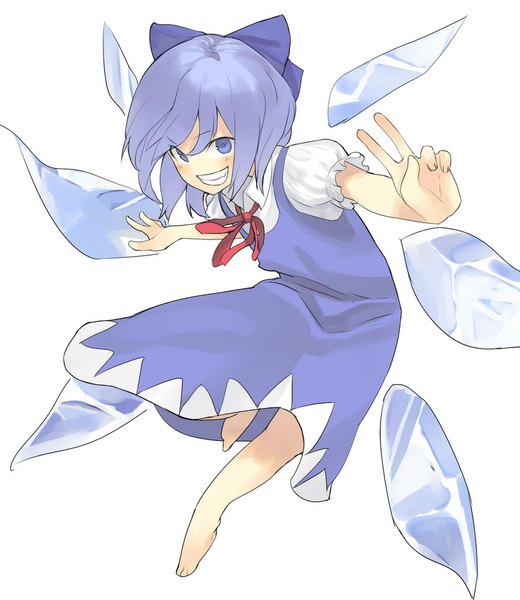Anime picture 867x1000 with touhou cirno hama2224 single tall image looking at viewer blush short hair simple background smile white background purple eyes purple hair barefoot victory spread arms girl bow hair bow wings