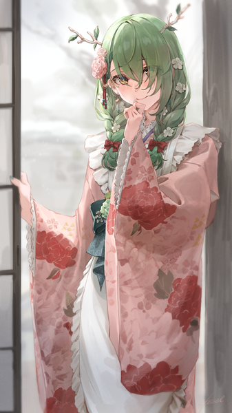 Anime picture 2304x4096 with virtual youtuber hololive hololive english ceres fauna ceres fauna (new year) kanoe (tatsukanoe) single long hair tall image looking at viewer fringe highres smile yellow eyes braid (braids) traditional clothes japanese clothes horn (horns) green hair hair over one eye