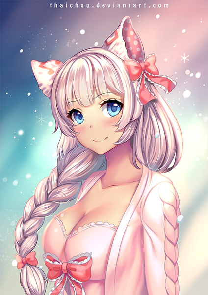 Anime picture 566x800 with original riiya (mabong1989) single long hair tall image looking at viewer blush fringe breasts blue eyes light erotic simple background smile large breasts signed animal ears cleavage silver hair upper body braid (braids)