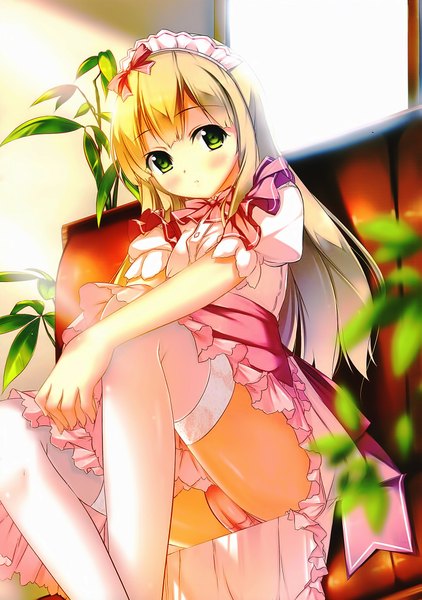 Anime picture 1407x2000 with hentai ouji to warawanai neko j.c. staff azuki azusa kaho okashii single long hair tall image looking at viewer blush light erotic blonde hair sitting green eyes pantyshot legs cameltoe pantyshot sitting upskirt waitress girl