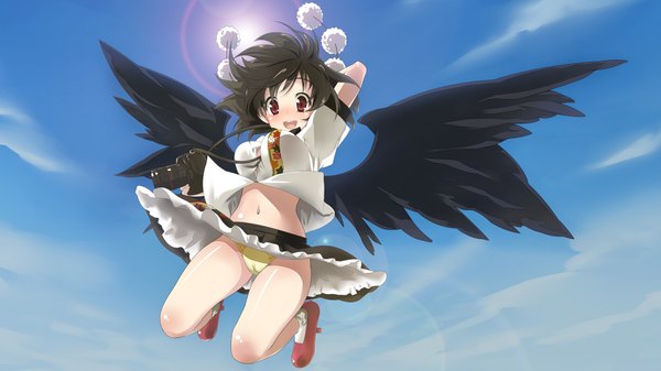 Anime picture 1920x1080 with touhou shameimaru aya blush highres short hair light erotic black hair red eyes wide image cameltoe frilly skirt upskirt girl navel underwear panties hat wings camera