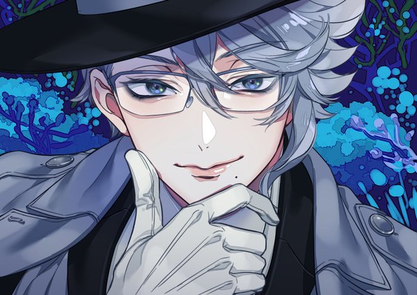 Anime picture 2000x1414 with twisted wonderland azul ashengrotto manomenou single looking at viewer fringe highres short hair blue eyes hair between eyes silver hair upper body mole mole under mouth boy gloves hat glasses white gloves