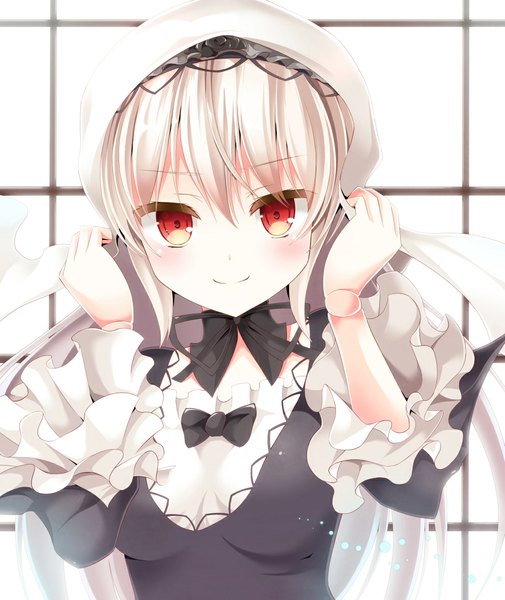 Anime picture 992x1178 with rozen maiden suigintou aibumi single long hair tall image looking at viewer blush smile red eyes silver hair lolita fashion goth-loli doll joints girl dress ribbon (ribbons) frills hood headscarf