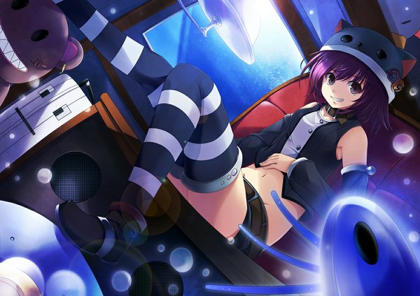 Anime picture 1169x826 with purple eyes purple hair night girl thighhighs hat toy