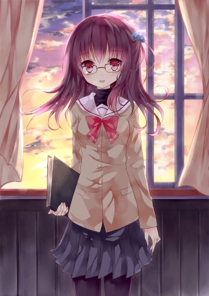 Anime picture 1753x2480 with original mizumidori single long hair tall image highres red eyes purple hair girl uniform school uniform glasses window