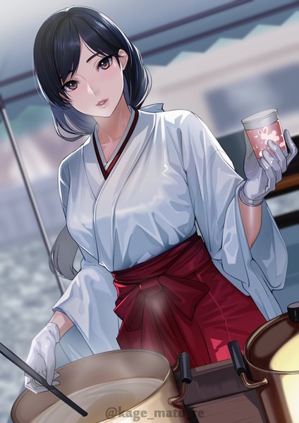 Anime picture 1736x2456 with original kagematsuri single long hair tall image looking at viewer fringe highres black hair standing holding brown eyes signed traditional clothes parted lips japanese clothes blurry wide sleeves dutch angle twitter username