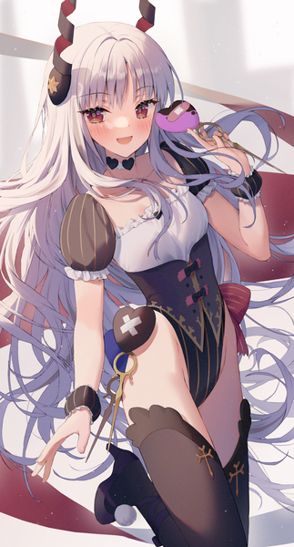 Anime picture 1076x2000 with fate (series) fate/grand order caren hortensia caren hortensia (amor caren) caren hortensia (amor caren) (third ascension) kuro futoshi single long hair tall image looking at viewer blush open mouth light erotic red eyes standing silver hair :d horn (horns) high heels standing on one leg