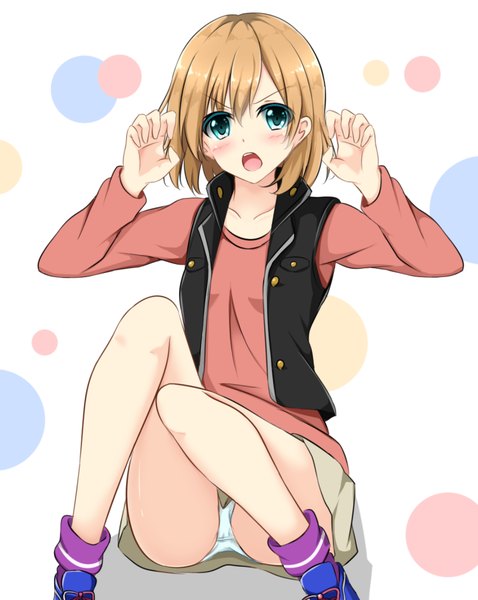 Anime picture 803x1009 with shirobako p.a. works miyamori aoi kurottari single tall image looking at viewer blush fringe short hair open mouth blue eyes light erotic hair between eyes brown hair sitting bent knee (knees) arms up :o pantyshot