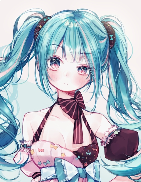 Anime picture 1080x1400 with vocaloid hatsune miku nare (17 junana) single long hair tall image looking at viewer blush breasts twintails cleavage upper body aqua hair puffy sleeves girl bow
