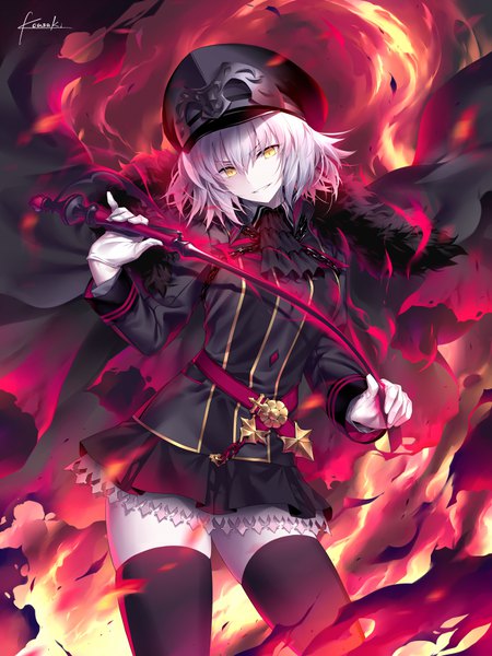 Anime picture 650x866 with fate (series) fate/grand order fate/apocrypha jeanne d'arc (fate) (all) jeanne d'arc alter (fate) kousaki rui single tall image looking at viewer fringe short hair smile hair between eyes signed yellow eyes silver hair zettai ryouiki smirk military girl