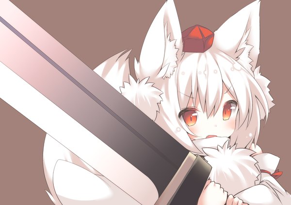 Anime picture 4093x2894 with touhou inubashiri momiji daidai ookami single looking at viewer blush fringe highres open mouth simple background hair between eyes holding animal ears absurdres upper body white hair tail animal tail orange eyes wolf ears