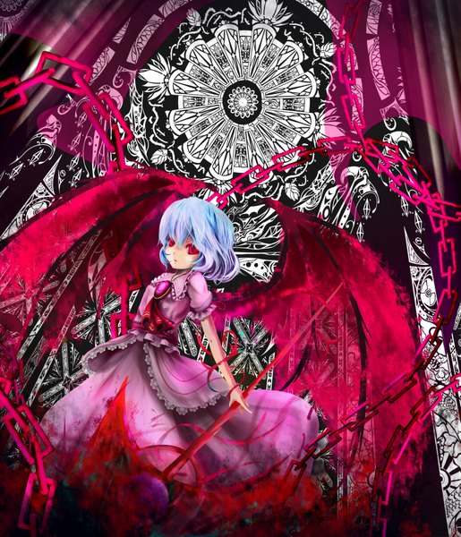Anime picture 1519x1771 with touhou remilia scarlet ho6clu single tall image short hair red eyes blue hair girl dress weapon wings frills chain brooch spear spear the gungnir