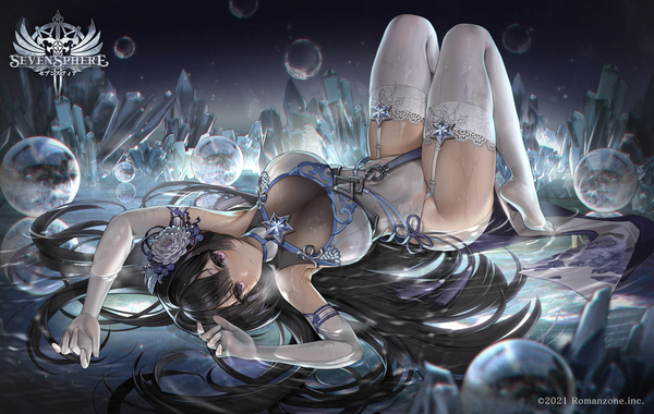 Anime picture 2260x1430 with seven sphere zjsstc single long hair looking at viewer blush fringe highres breasts light erotic black hair hair between eyes large breasts purple eyes full body bent knee (knees) lying traditional clothes hair flower arms up
