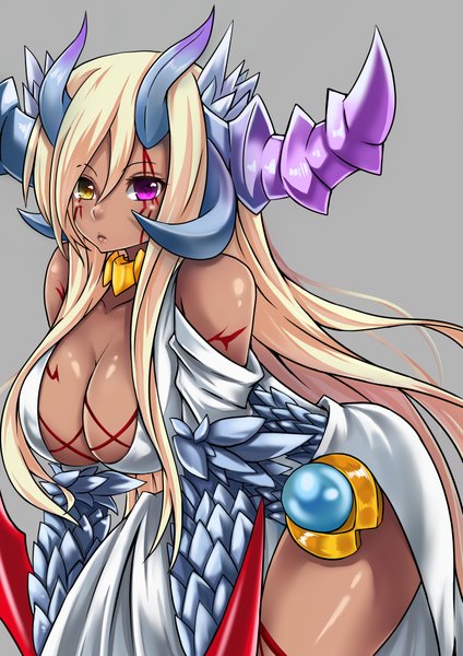 Anime picture 2894x4093 with puzzle & dragons sonia (p&d) cuizilan single tall image fringe highres breasts light erotic simple background blonde hair large breasts yellow eyes very long hair pink eyes horn (horns) grey background heterochromia dark skin girl