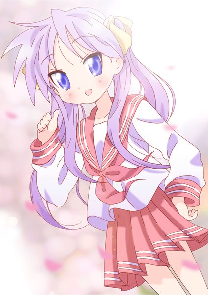 Anime picture 595x842 with lucky star kyoto animation hiiragi kagami yamasaki wataru single long hair tall image blush open mouth twintails purple eyes looking away purple hair wind hand on hip girl uniform bow hair bow serafuku