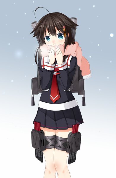 Anime picture 926x1420 with kantai collection shigure destroyer single long hair tall image blush blue eyes black hair snowing winter exhalation remodel (kantai collection) cold girl weapon serafuku scarf
