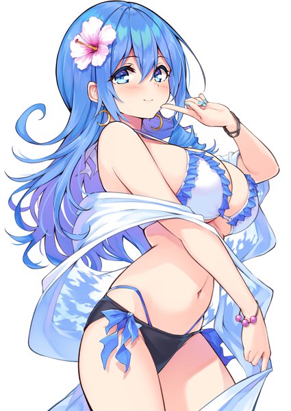 Anime picture 708x1000 with cu-no kohitsuji ai hisenkaede single long hair tall image looking at viewer blush fringe breasts blue eyes light erotic simple background smile hair between eyes large breasts standing white background payot blue hair