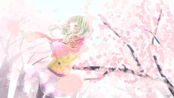 Anime picture 2000x1125 with vocaloid gumi ruru (tsuitta) single blush highres short hair wide image green eyes looking away sky green hair wind tears cherry blossoms hands clasped girl skirt petals pantyhose
