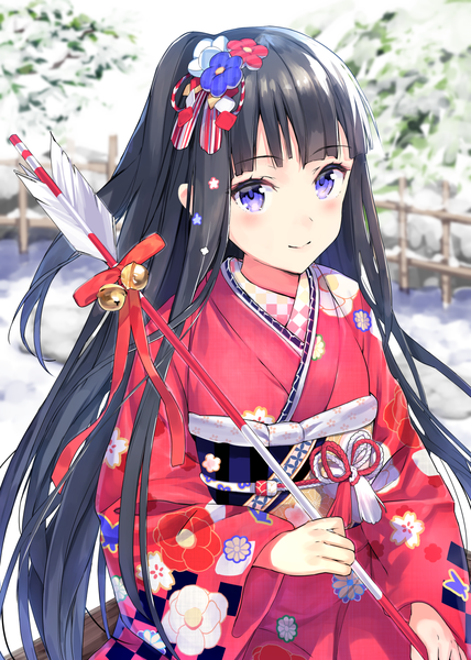 Anime picture 1071x1500 with original nanotaro single long hair tall image blush black hair smile purple eyes traditional clothes japanese clothes one side up winter new year girl hair ornament kimono obi bell jingle bell