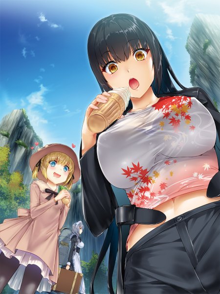 Anime picture 924x1233 with monogusa neneko no taida na tanteicho tagme (character) yomisaka neneko yukarino mimone hisashi (nekoman) single long hair tall image looking at viewer blush breasts blue eyes light erotic black hair blonde hair large breasts yellow eyes sky grey hair :o