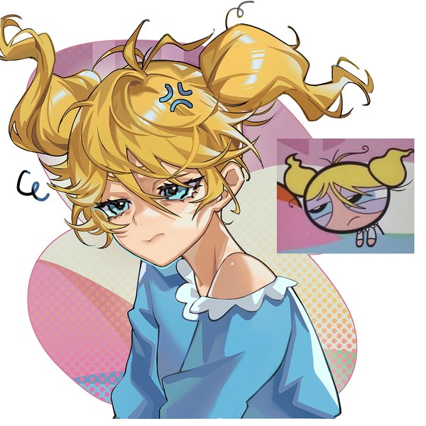 Anime picture 2500x2500 with powerpuff girls z toei animation rolling bubbles goutokuji miyako mato-c single fringe highres short hair blue eyes blonde hair hair between eyes twintails looking away ahoge off shoulder short twintails messy hair anger vein sleepy