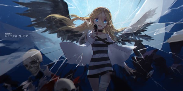 Anime picture 4252x2126 with satsuriku no tenshi ray (satsuriku no tenshi) swd3e2 single long hair looking at viewer fringe highres open mouth blue eyes blonde hair smile hair between eyes wide image holding absurdres blurry floating hair hieroglyph striped