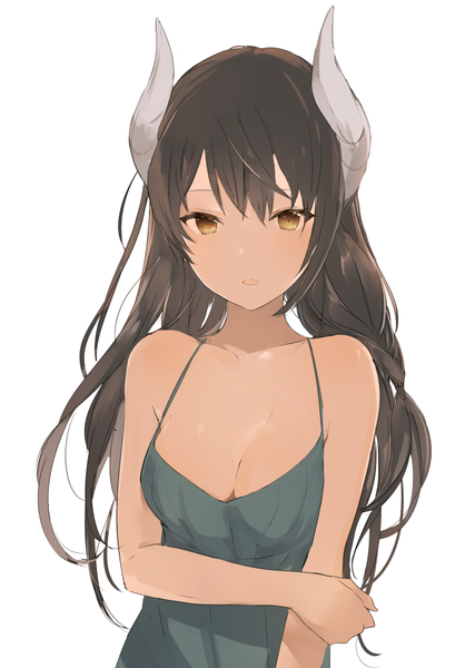 Anime picture 663x932 with original lpip single long hair tall image looking at viewer blush fringe open mouth hair between eyes brown hair white background bare shoulders brown eyes cleavage upper body braid (braids) horn (horns) sleeveless dark skin