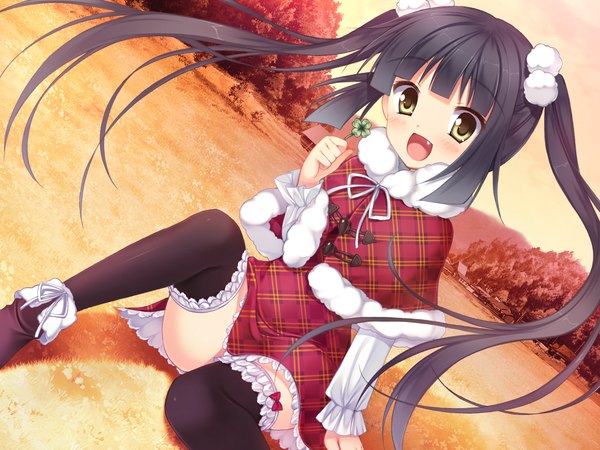 Anime picture 1680x1260 with sakura no reply kazama minto long hair blush open mouth black hair twintails yellow eyes game cg teeth loli fang (fangs) girl thighhighs black thighhighs