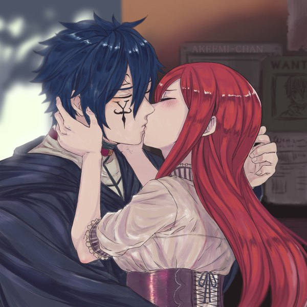 Anime picture 1280x1280 with fairy tail erza scarlet jellal fernandes akeemi-chan long hair blush fringe short hair hair between eyes holding blue hair upper body red hair indoors eyes closed blurry tattoo facial mark kiss hand on another's face