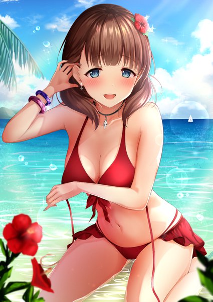 Anime picture 1032x1457 with idolmaster idolmaster cinderella girls sakuma mayu monaka curl single long hair tall image looking at viewer blush fringe breasts open mouth blue eyes light erotic smile brown hair large breasts sitting sky cleavage