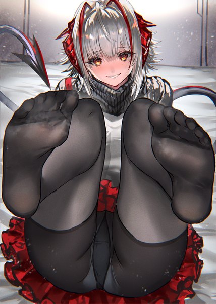 Anime picture 1141x1600 with arknights w (arknights) ranou single tall image looking at viewer fringe short hair light erotic smile yellow eyes silver hair tail multicolored hair horn (horns) two-tone hair no shoes streaked hair soles legs up