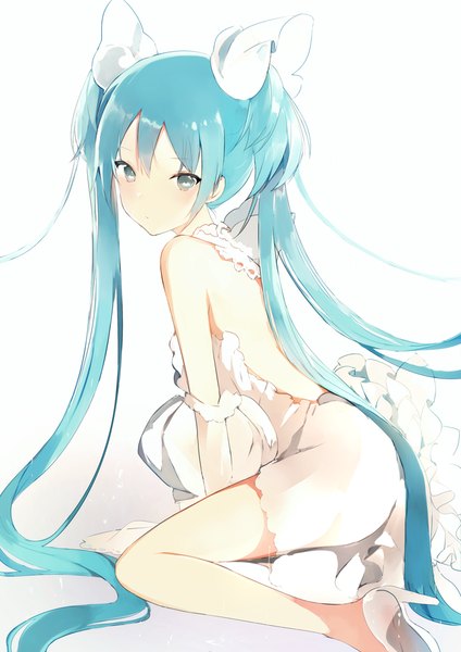 Anime picture 650x919 with vocaloid hatsune miku lpip single tall image looking at viewer blush fringe blue eyes simple background hair between eyes sitting twintails bare shoulders payot blue hair bent knee (knees) very long hair looking back arm support